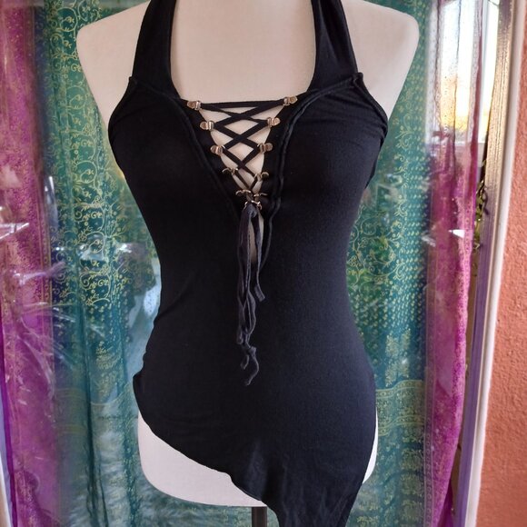 Gothic Lace Black Asymmetrical Halter Lip Service Top - Picture 7 of 8
